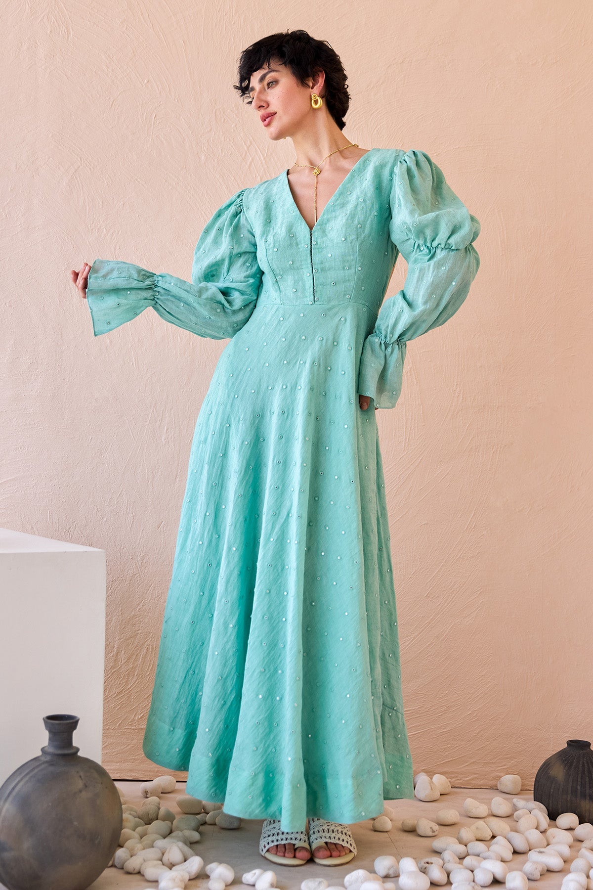 Buy Turquoise Mirror Work Midi Dress by The Loom Art for women online at ScrollnShops